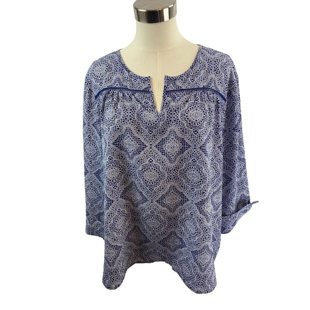 XXL Fever Women's Blue‎ White Pullover Split Neck Flowy Peasant Blouse